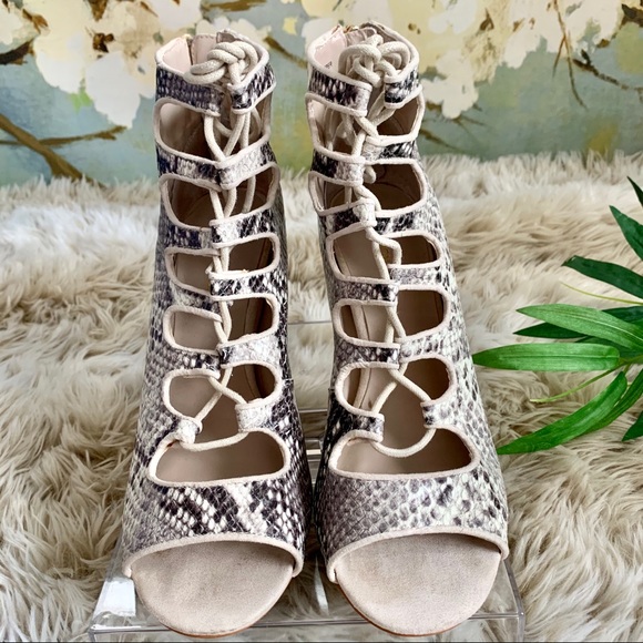 Snake Print Peep Toe Lace-up Ankle Heels Booties - Picture 2 of 6